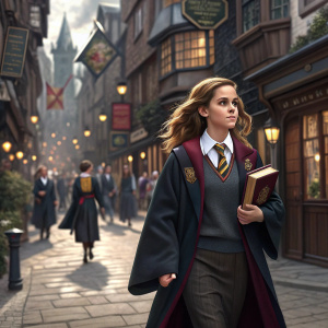 Hermione Granger, played by Emma Watson, walking through Diagon Alley. Wearing her iconic Hogwarts robes. Background filled with bustling wizards and witches.