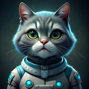 grey cat smm consultant from the future with cute eyes