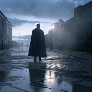 Silhouette of Batman in Gotham City. Dark alleyway, rain-soaked cobblestones, mysterious figures in the background.