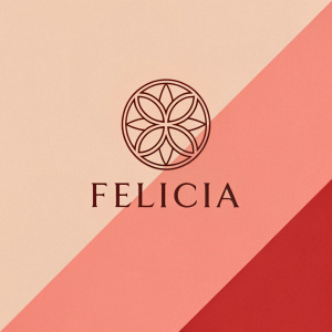 Logo design for Felicia, featuring a sleek, modern emblem. The emblem is symmetrical and geometric. The brand name 'Felicia' is displayed in a simple sans-serif font. Background transitions from soft peach on the left to bold red on the right. The logo is centered.