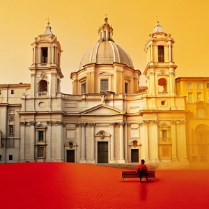Photograph of Sant'Agnese in Agone, a Baroque church in Piazza Navona, Rome. Designed by Borromini. Completed 1652. Domes, intricate stone carvings. Solitary figure on bench, blue sky.