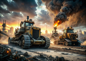 mighty caterpillar tractor, bulldozer, cyberpunk, epic image, battlefield in the background