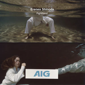 Erenea Shimoda's striking underwater martial arts photos featured prominently on Fightland's homepage. Beneath the vibrant images, a sleek banner advertises AIG. Dark and enigmatic background, modern design