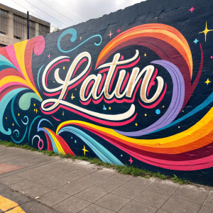 A vibrant mural featuring stylized Latin script in a graffiti style. Dynamic, fluid lines create a bold and expressive statement.