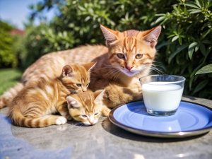 Рыжая кошка лежит на боку. Она мама троих котят. Котята пьют молоко . Два котенка рыжие, а один котенок темный, почти черный