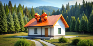 country one-story small modern house, minimalistic, modest design, many details, not pretentious, small windows, siding, white walls, triangular black roof, large orange satin bow on top of the roof, orange bow on the roof, large gift bow on the roof, top satin ribbon, located in the forest, bright sky, photorealism, high quality photo, photo as in life, hdr, 3K, professional photographer