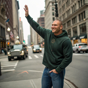 Brian Urlacher, wearing a dark green hoodie and jeans, standing on a city street corner. He's smiling and waving at the camera.