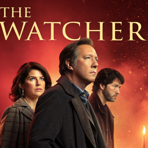 James Spader, Marisa Tomei, and Keanu Reeves starring in 'The Watcher'. Poster features a fiery backdrop with warm candlelight glow.