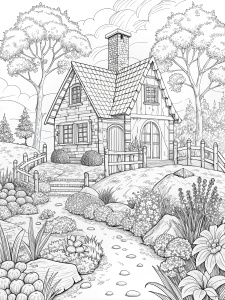 coloring page, white background, black line art, country cottage with a garden