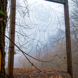 A vivid charcoal drawing of a mythical figure, inspired by Zyra from League of Legends. Set against a backdrop of swirling, abstract elements. The artwork is filled with flowing lines and exaggerated forms, creating a dynamic and imaginative scene.