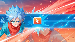 Imagine an anime battle scene as the backdrop for a streamer overlay, featuring dynamic character art and action-packed energy bars for follower and subscriber counts
