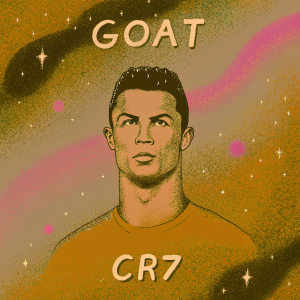 Vector art, Cristiano Ronaldo's portrait with 'GOAT' and CR7 logo on abstract cosmic background.