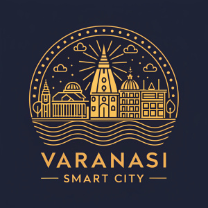 The Varanasi Smart City logo, a modern emblem, features a blend of architectural symbols and a Ganges river-inspired design. Set against a dark background, it showcases the city's identity with a color scheme of gold and rich, deep tones.