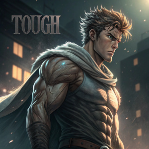 Illustration for 'Tough' manga series. Robust male character with styled hair, determined expression, dynamic pose highlighting physique. Dark background with faint lighting effects