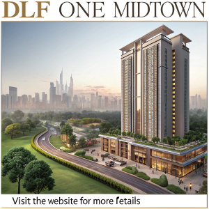 Promotional material for DLF One Midtown, Delhi's premium residential project. Features 2BHK, 3BHK, and BHK luxury apartments. Visit the website for more details.