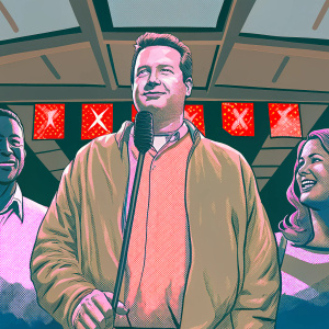 Bob Stoops during a lively XFL press conference. Microphone in front of him, surrounded by team logos and branding.