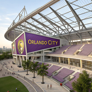 3D digital rendering of a futuristic stadium. Orlando City's lion emblem highlighted. Seating area with tiers of seats. Steel support beams