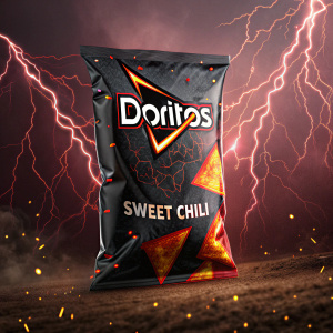 Digital artwork for Doritos Sweet Chili flavor. Black packaging, vibrant fiery graphics. Dark background with lightning-like effects.