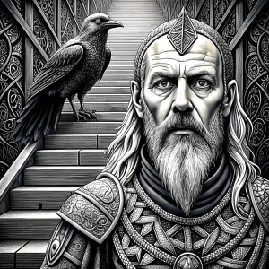 viking and raven in walhalla stairs runen symbols pattern - perfect realistic art, high-definition, high-definition grey and black, white background 