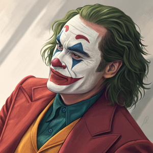 Joaquin Phoenix as Joker. Vibrant digital illustration. Focused on face and upper body, detailed clown-like makeup