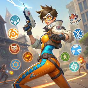 Tracer from Overwatch, in combat stance, surrounded by game icons and characters.