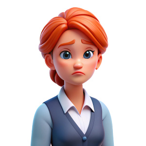 A young red-haired teacher has her hair in a bun and is sad