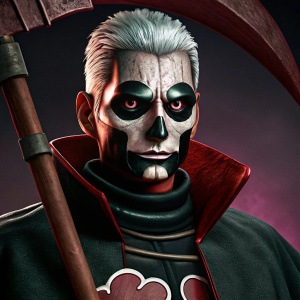 Digital illustration of Hidan from Naruto Shippuden. Dark purple backdrop. Intense stare, white hair, and black and white makeup