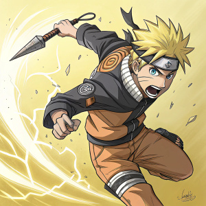 Naruto Uzumaki in mid-action pose. Intense expression, wielding a kunai. Sketchy lines, dramatic shadows, yellow-hued background.