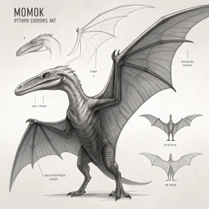 Digital illustration of Momok, a pterasaur concept art. Detailed sketch in grayscale, with emphasis on creature design and size comparison. Front, side, and top views showcased.