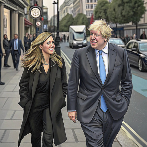 Boris Johnson and Carrie Symonds walking down a busy city street. Johnson in a dark grey suit with a blue tie, Symonds in a black outfit.
