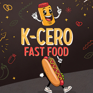 An Instagram ad for K-Cero Fast Food. A smiling hot dog character. Dark background with vibrant text and playful graphics. Fast food theme.