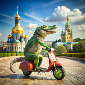 Крокодил едет на скутере Vespa по дороге, на заднем плане достопримечательности города Киева