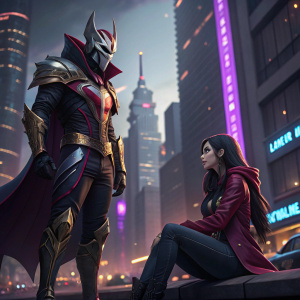 Digital artwork showcasing Jhin and Lulu from League of Legends. Jhin, a male character with a fierce warrior appearance. Lulu, a young female with long dark hair, is seated beside Jhin. The scene is set in a bustling cityscape.
