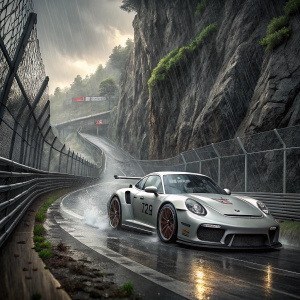 A high-resolution screenshot from Forza Motorsport 7. Sleek silver Porsche racing car speeding through a wet track surrounded by rocky cliffs and metal fences.