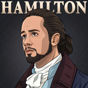 Digital illustration of Alexander Hamilton from the musical Hamilton. Cartoon style, detailed face, dark hair, prominent beard. Dark background with bold 'HAMILTON' text.