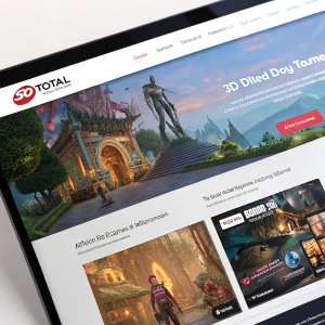 An engaging homepage of 3dtotal.com featuring vibrant multimedia content. Showcases include intricate character designs, detailed animated environments, and promotional materials.
