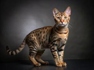 Ocicat breed cat in studio with dark grey background