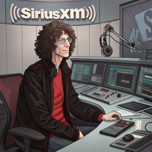 Howard Stern, in a high-tech recording studio. Curly hair, white skin. Black jacket, red shirt. Sitting at a desk with numerous gadgets and screens. SiriusXM logo visible on the wall behind him.