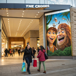 Brightly colored poster for 'The Croods' at the mall entrance. Characters smiling, surrounded by excited shoppers.
