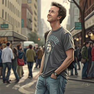 Edward Norton, actor, in casual attire. Jeans and a graphic t-shirt. Crowded street scene.
