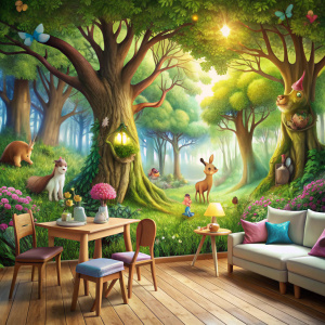 Transform a children's playroom into an enchanted forest scene with a vibrant wall mural featuring towering trees, playful woodland creatures, and hidden fairy nooks, fostering imagination and exploration.