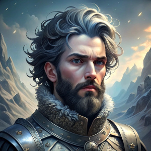 a male from dungeons and dragons fantasy in a ships chain mail, black hair and beard