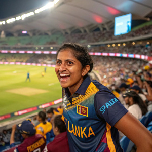 Cricket star Malsha Shehani flashing a grin in a high-energy stadium. Wearing Sri Lanka's national team jersey, posing for an official match photo.