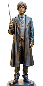 A bronze statue of a handsome slender tanned 30-year-old man with short hair, dressed in Hogwarts uniform, holding a magic wand in his right hand