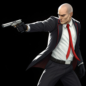 Digital artwork featuring Agent 47 from Hitman series. Bald, Caucasian, dynamic pose. Formal black and white suit, red tie. Holding dual pistols. Plain black background