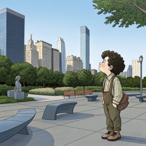 Alfalfa, the iconic curly-haired kid from The Little Rascals, now a grown-up, stands alone in a modern urban park.