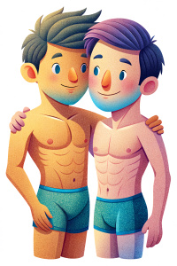 Two cute slender muscled shirtless 32-years-old Asian men with very short dark hair, at full height, wearing short and tight swimjammers, holding each other's hands and kissing each other