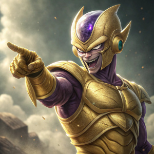 Golden Frieza, iconic villain from Dragon Ball Z, illustrated with intense focus. He is smiling, pointing confidently. Cloudy, dynamic background.