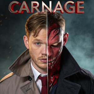 Promotional poster for a new movie featuring Tom Hardy and Cameron Monaghan. Split image showing transformation into the Carnage character.