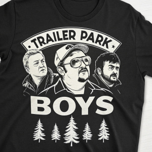 Trailer Park Boys graphic featuring main characters on a black and white t-shirt. Bold font reads 'Trailer Park Boys'